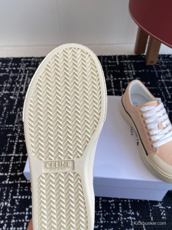 2025 Women Celine Beige Canvas Leather Platform Sneakers