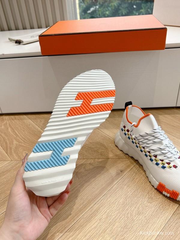 2024 Unisex Hermès White Blue Yellow Orange Calfskin Suede Sneakers MJ00290