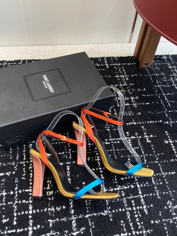2025 Women Yves Saint Laurent Orange Black Blue Leather High Heel Sandals