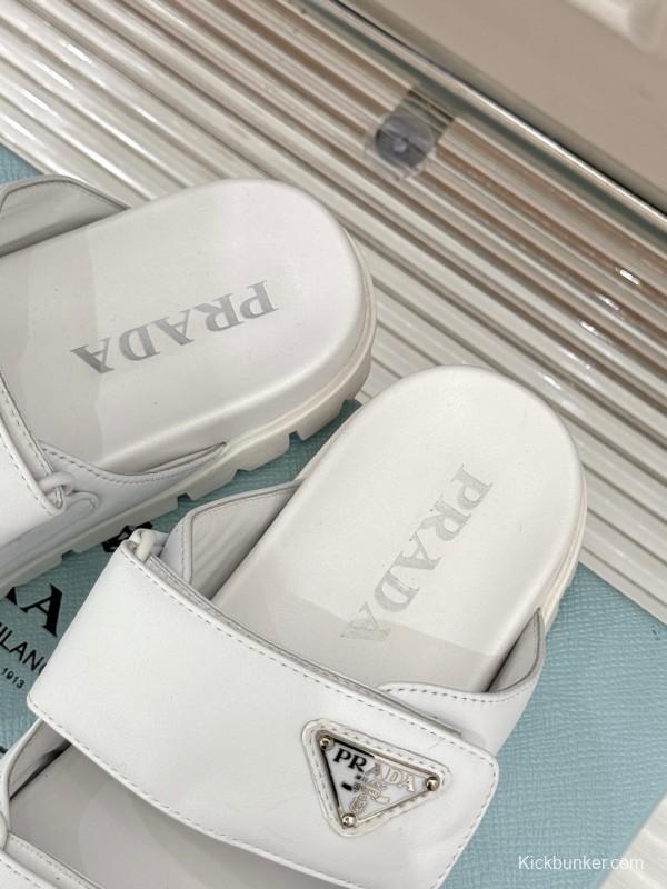 2025 Women Prada White Leather Slippers KFY00240