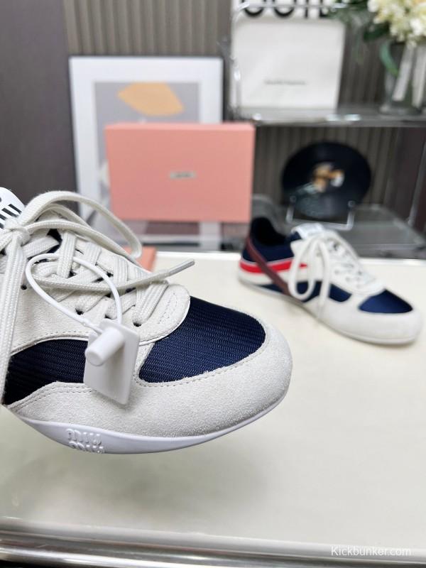 2025 Women Miu Miu Navy White Red Suede Fabric Sneakers LY00