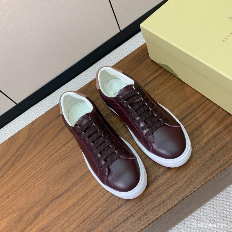2025 Men Brunello Cucinelli Burgundy Leather Casual Sneakers Original Sole KFY00310(M)