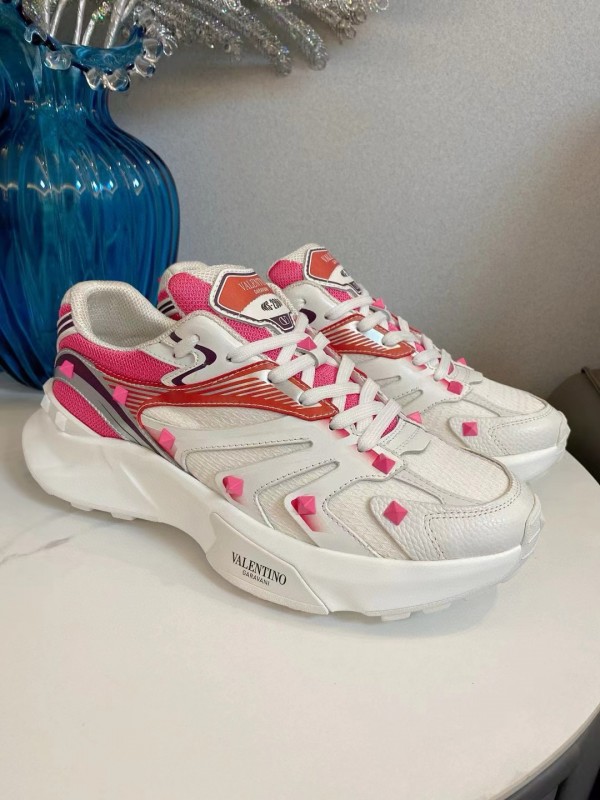 2024 Unisex Valentino White Pink Mesh Leather Sneakers MJ00410