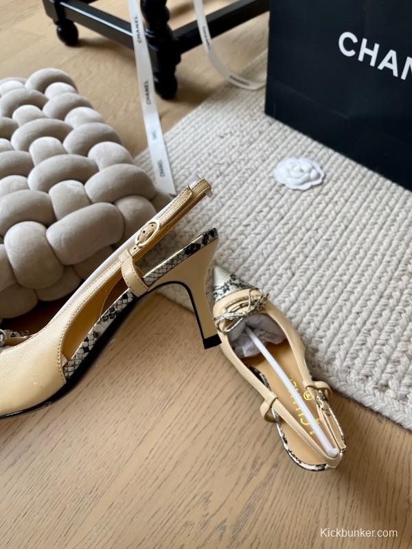2025 Women Chanel Beige Snake Leather Heels KFY00320