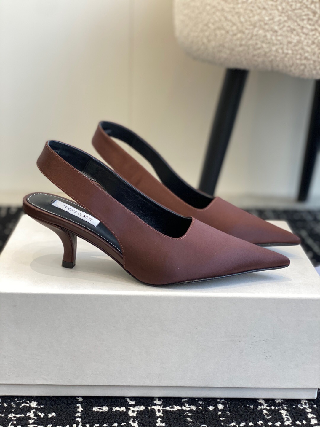 2025 Women Toteme Brown Satin Slingback Pointed Toe Heels