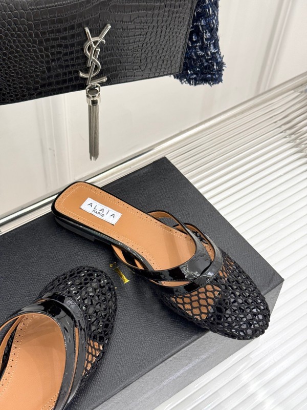 2025 Women AlAIA Black Leather Mesh Flat Mule KFY00260