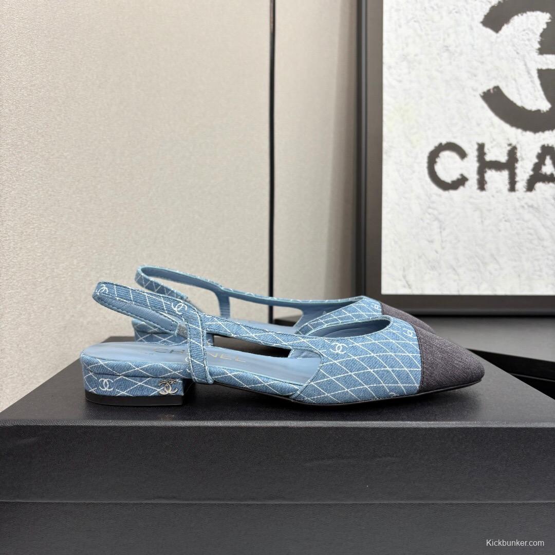 2025 Women Chanel Blue Black Denim Leather Slingback LY00240