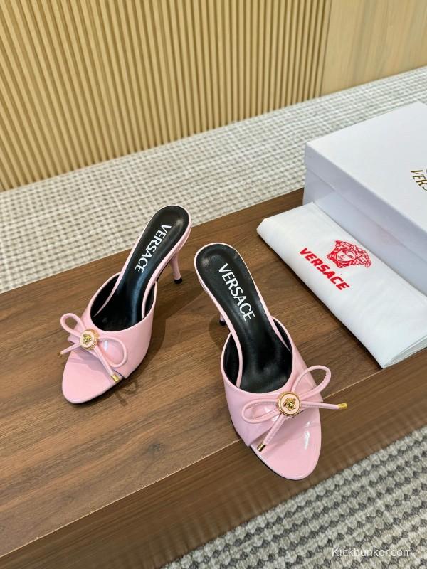 2025 Women VERSACE Pink Leather Heeled Mules LY00210