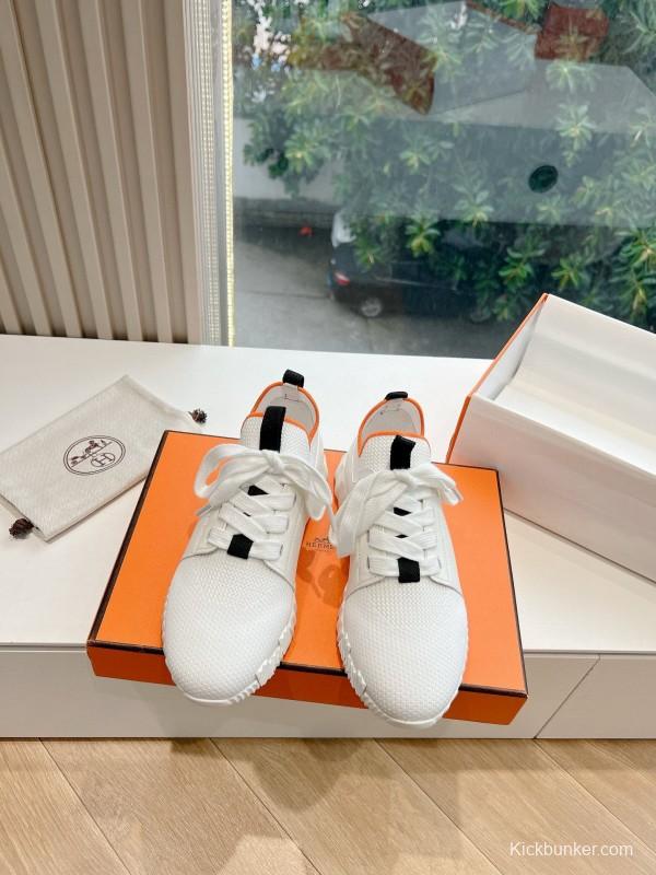 2024 Unisex Hermès White Black Orange Calf Suede Sneakers MJ00290