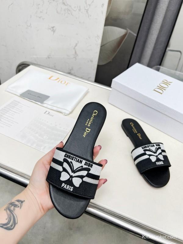 2025 Women Dior Black White Embroidery Slippers LY00170