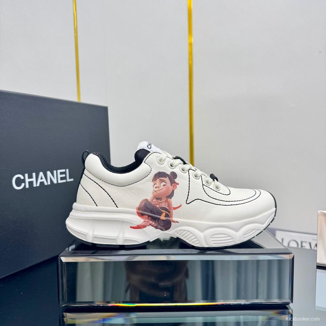 2025 Women Chanel White Leather Sneakers Cartoon Graphic