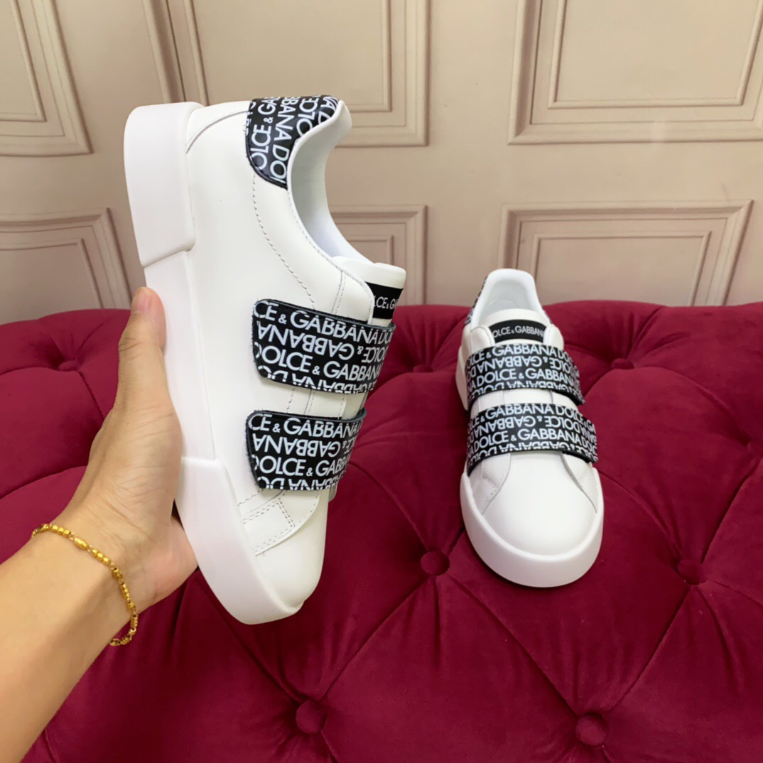 2025 Unisex Dolce & Gabbana White Leather Sneakers LOGO Strap LY00300