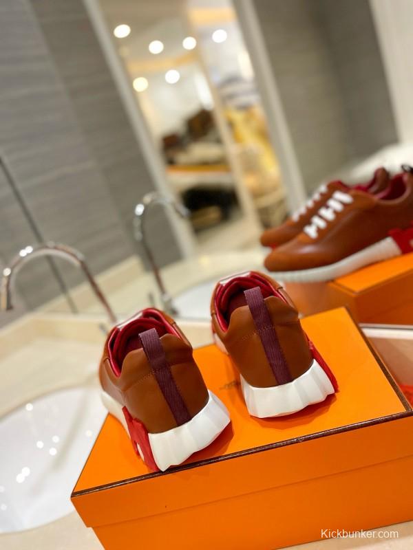 2024 Unisex Hermès Brown Red Imported Sheepskin Suede Silk Leather Casual Sneakers MJ00320