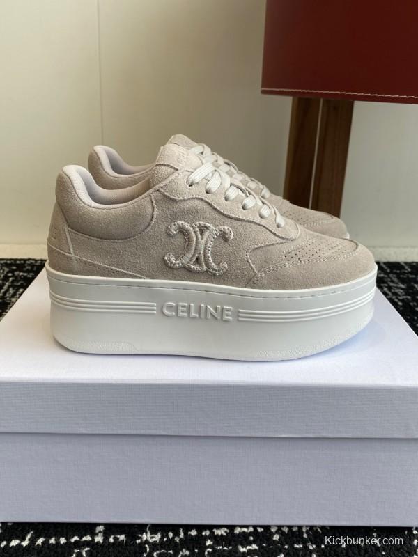 2025 Women Celine Beige Suede Platform Sneakers CELINE Embroidery