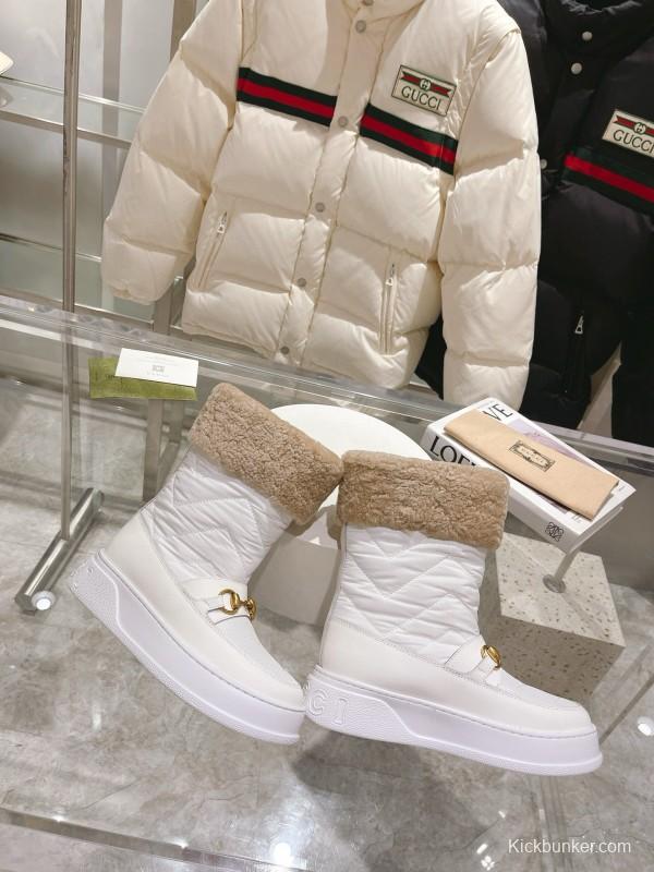 2024 Women Gucci White Sheepskin Snow Boots Gold Hardware