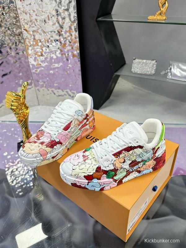 2024 Unisex Louis Vuitton White Pink Red Leather Canvas Sneakers Collaboration MJ00780