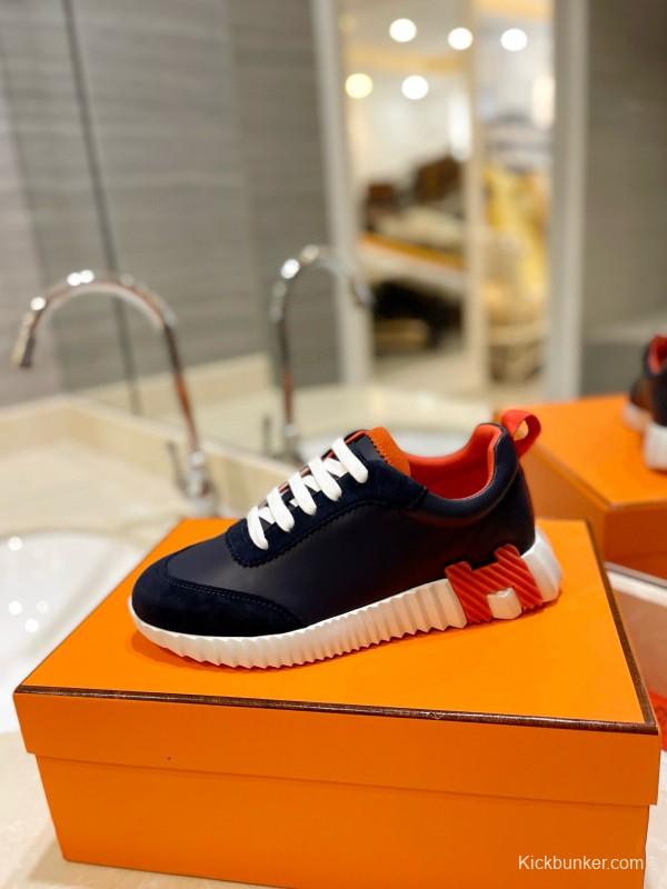 2024 Unisex Hermès Navy Red White Imported Glazed Calf Suede Rain Velvet Sneakers MJ00320