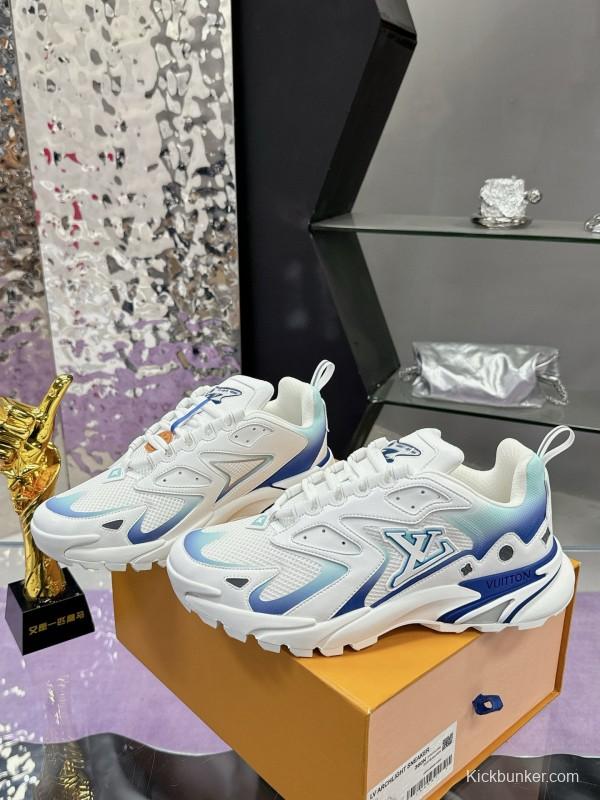 2025 Men Louis Vuitton Blue White Mesh Leather Sneakers MJ00420