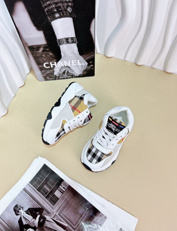 2024 Kids BURBERRY Beige White Black Leather Fabric Sneakers