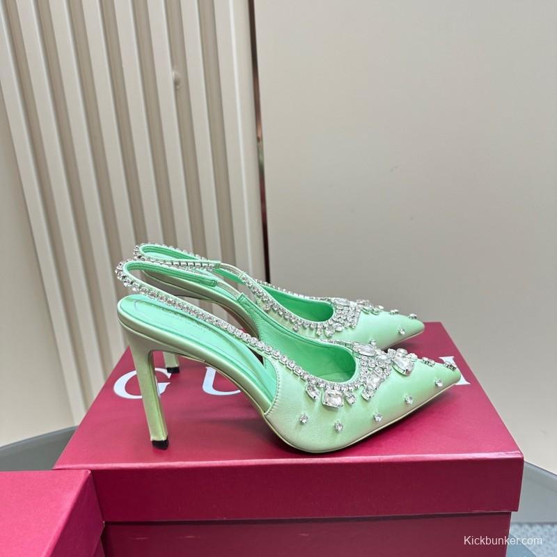 2025 Women Gucci Green Satin Slingback High Heel Crystal Embellished KFY00340