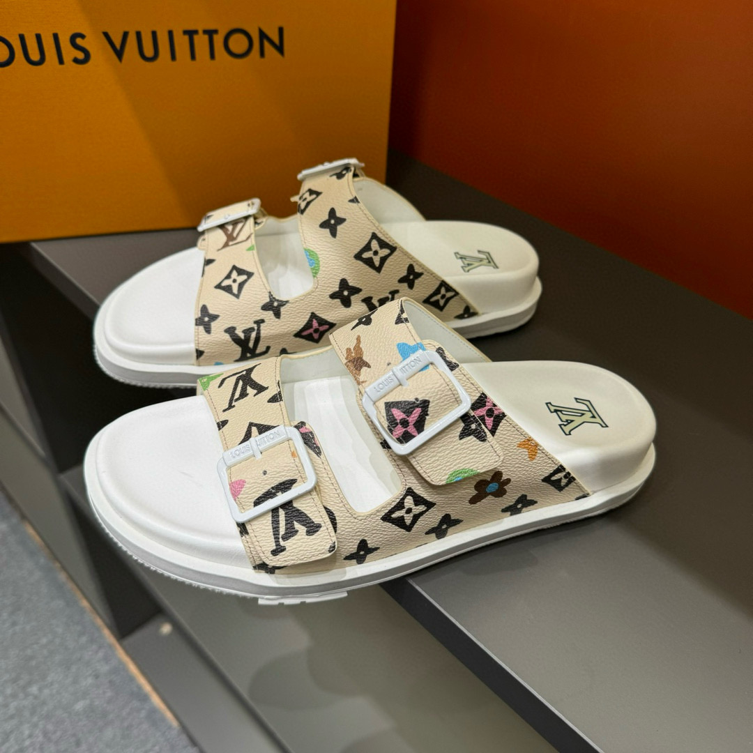2024 Slippers Louis Vuitton Beige Multicolor Leather Slippers