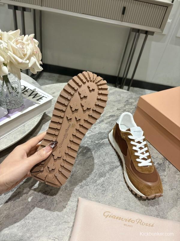 2025 Unisex Gianvito Rossi Brown White Leather Suede Mesh Sneakers KFY00340
