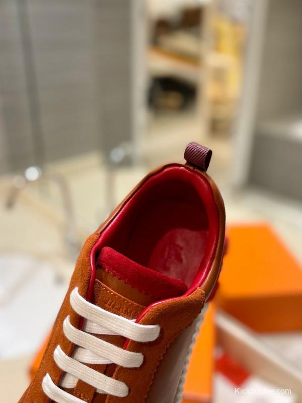 2024 Unisex Hermès Brown Red Imported Sheepskin Suede Silk Leather Casual Sneakers MJ00320