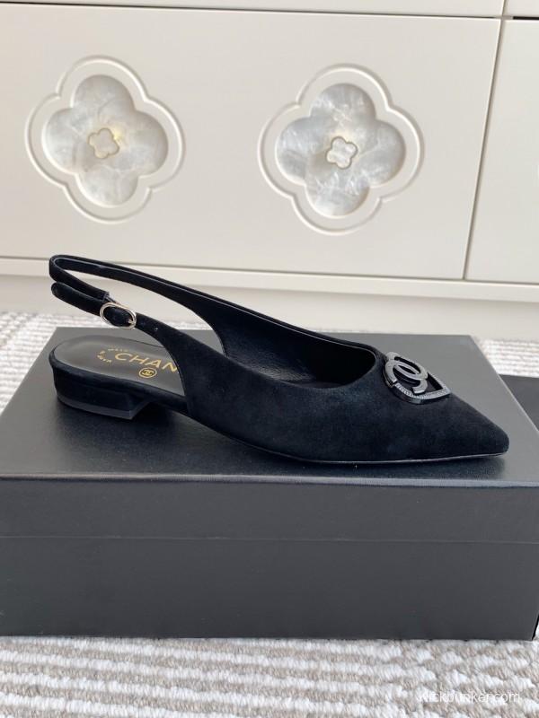 2025 Women Chanel Black Suede Slingback Heart Logo Flats KFY00300
