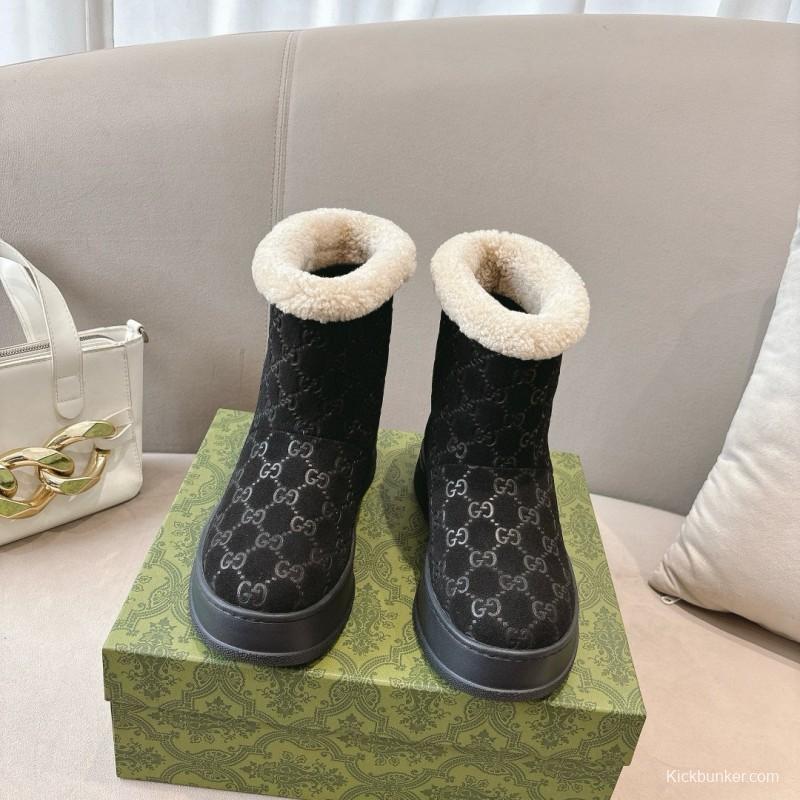 2024 Women Gucci Black Suede Wool Snow Boots MJ00350