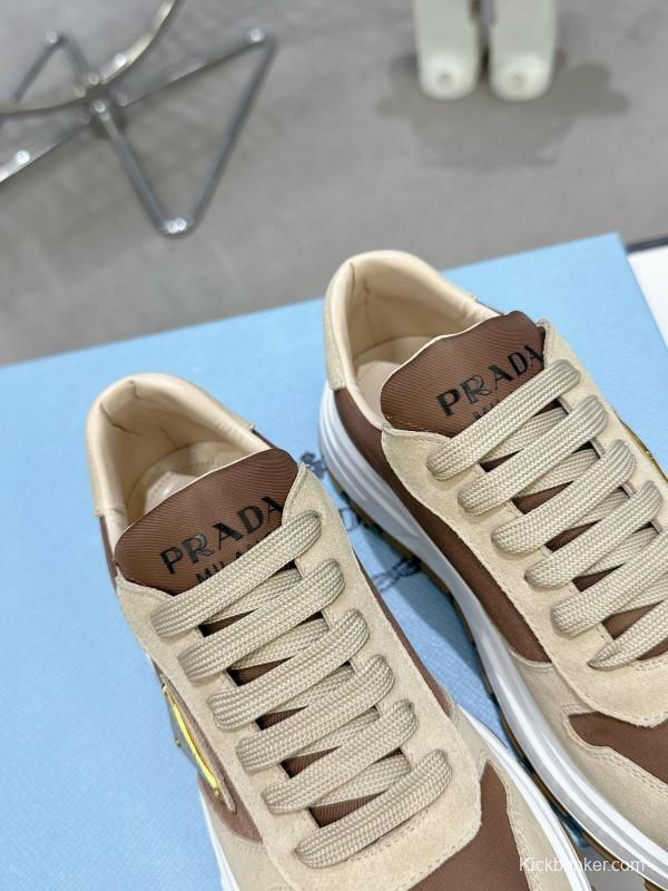2025 Women Prada Beige Brown Leather Sneakers KFY00310