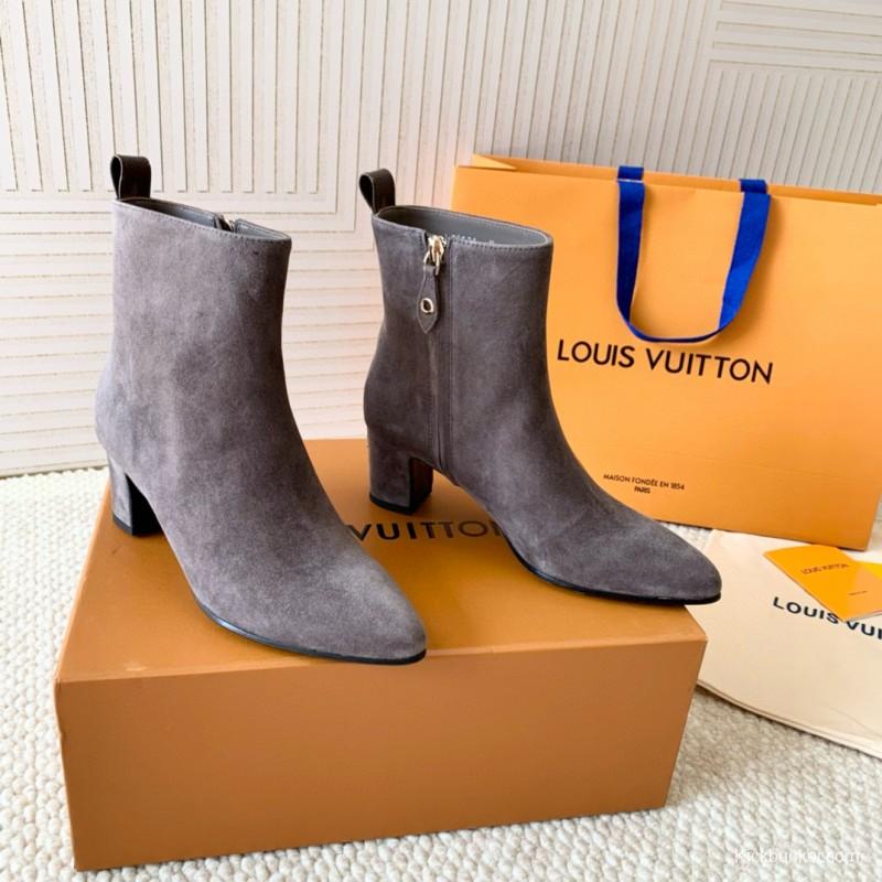 2024 Women Louis Vuitton Grey Suede Ankle Boots MJ00410