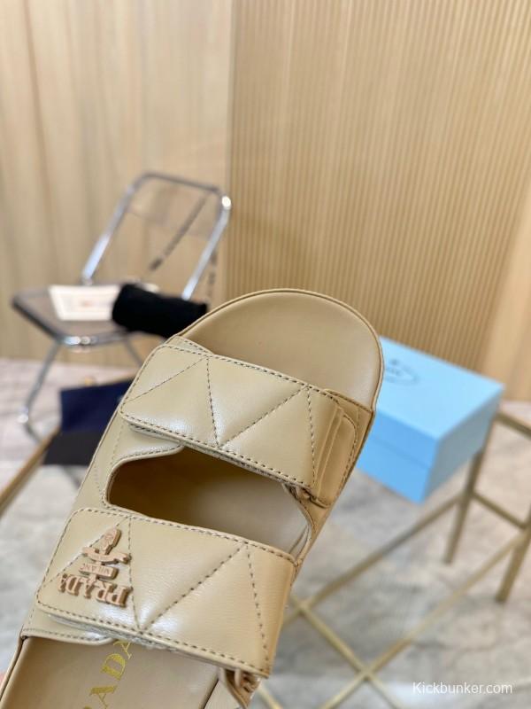 2025 Women Prada Beige Leather Sandals LY00270