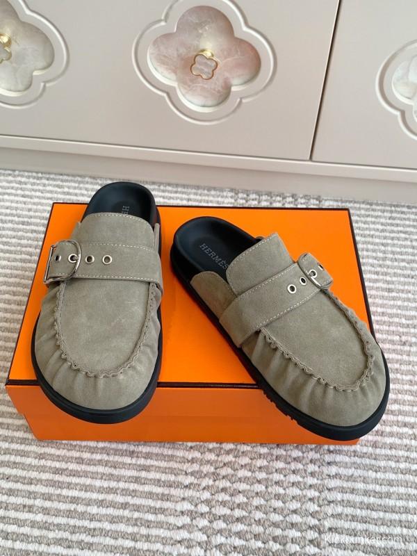 2025 Women Hermès Grey Suede Mule Shoe KFY00290