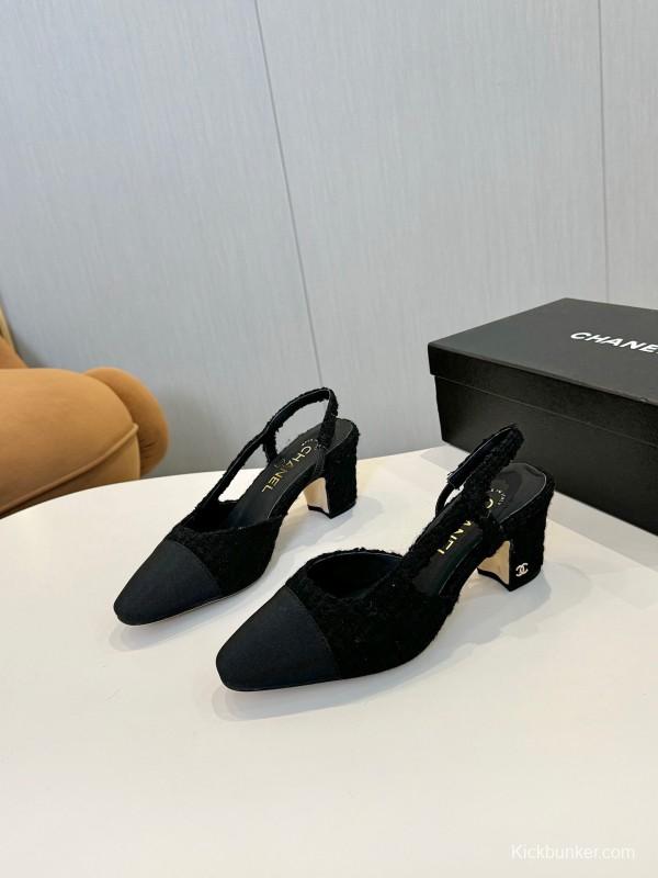2025 Women Chanel Black Fabric Leather Slingback Heels LY00240