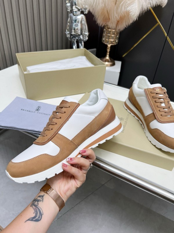 2024 Unisex Brunello Cucinelli White Brown Suede Leather Sneakers MJ00360