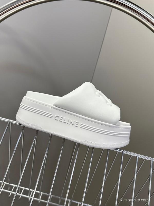 2025 Women Celine White Leather Slippers LY00240