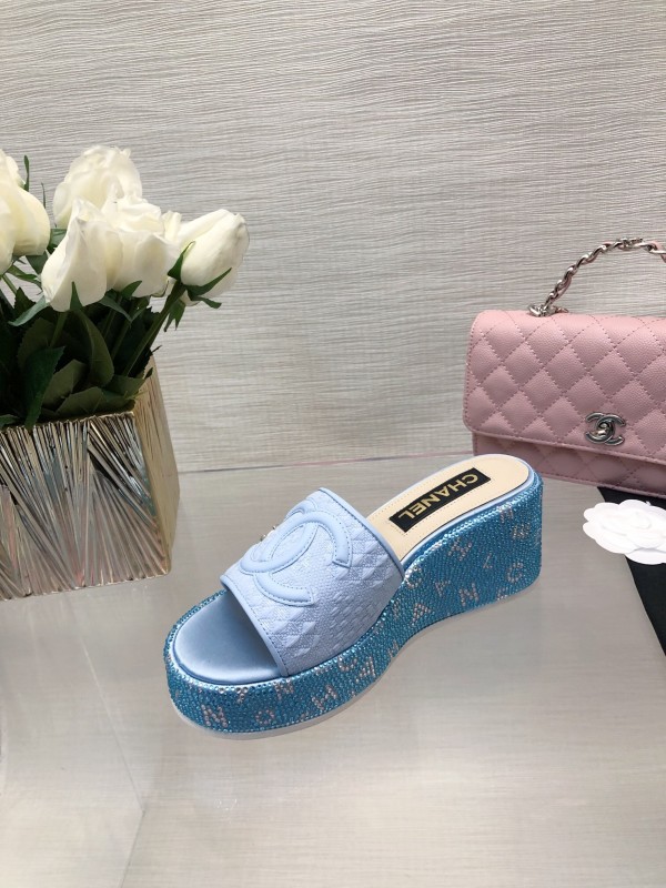 2025 Women Chanel Blue White Fabric Platform Slide Sandals LY00320