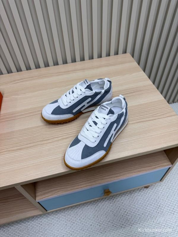 2025 Unisex Hermès White Grey Suede Down Fabric Sneakers Top Version LY00310