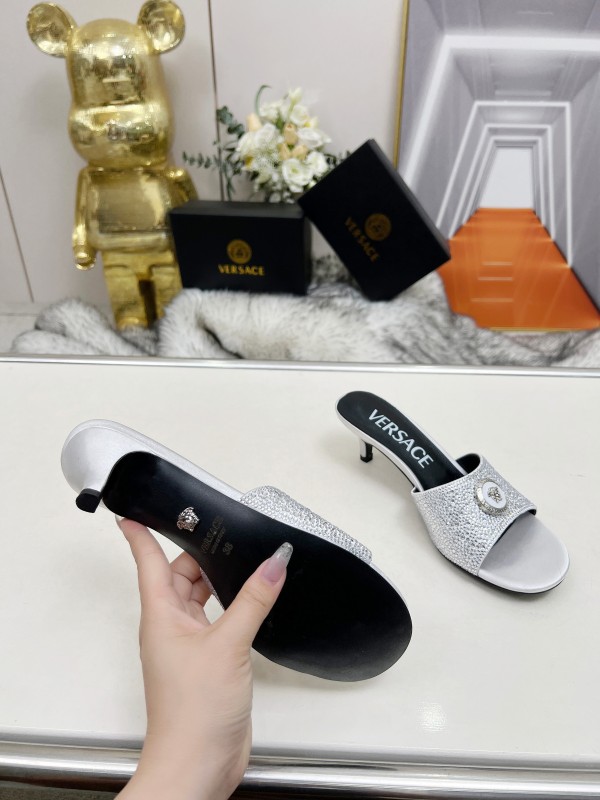 2025 Women VERSACE White Crystal Satin Mules