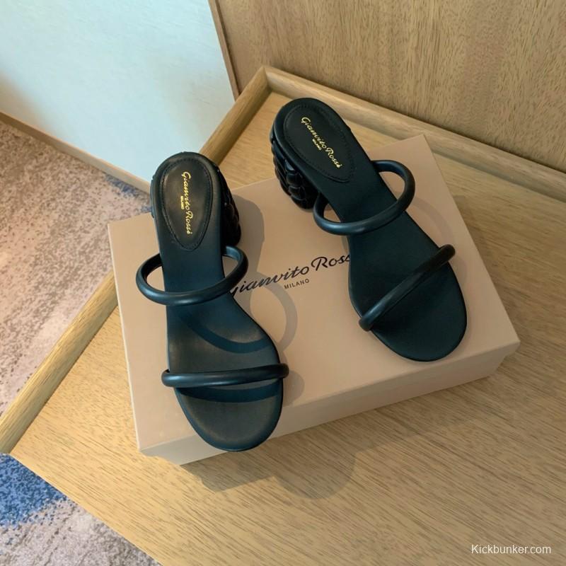 2025 Women Gianvito Rossi Black Leather Heeled Sandals