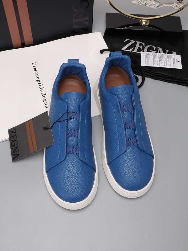 2024 Men Ermenegildo Zegna Blue Leather Low Top Sneakers MJ00240