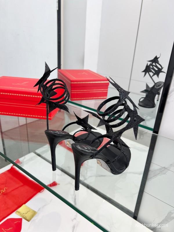 2025 Women RC Black Leather High Heel Sandal Star Detail LY00340