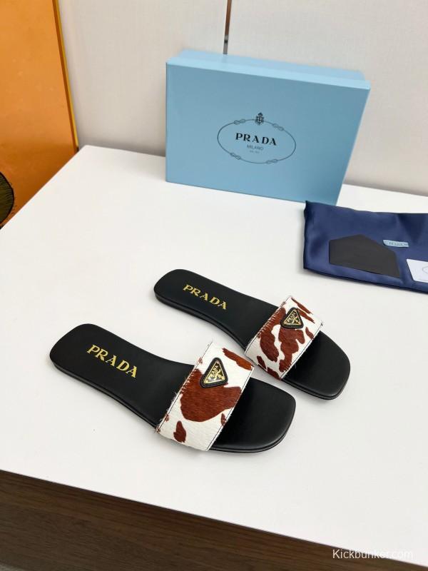 2025 Women Prada Brown White Calf Hair Leather Slippers LY00220