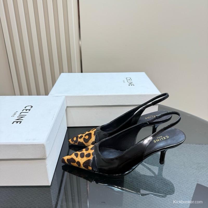 2025 Women CELINE Black Leopard Print Patent Leather Slingback Pumps