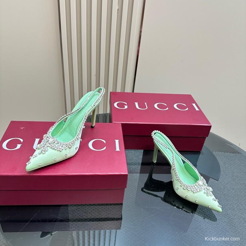 2025 Women Gucci Green Satin Slingback High Heel Crystal Embellished KFY00340