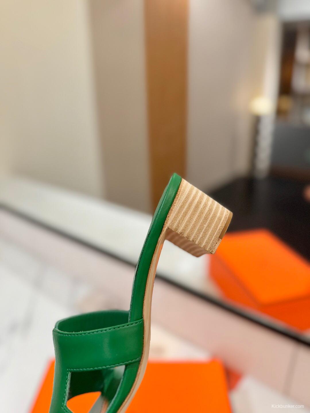 2025 Women Hermès Green Leather Sandal