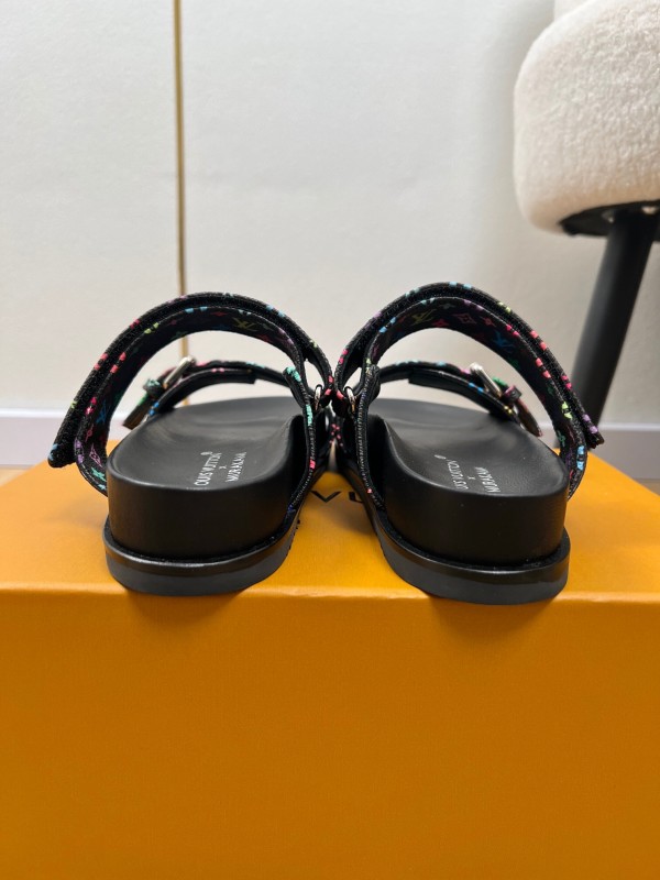 2025 Women Louis Vuitton Black Rainbow Canvas Slippers KFY00280
