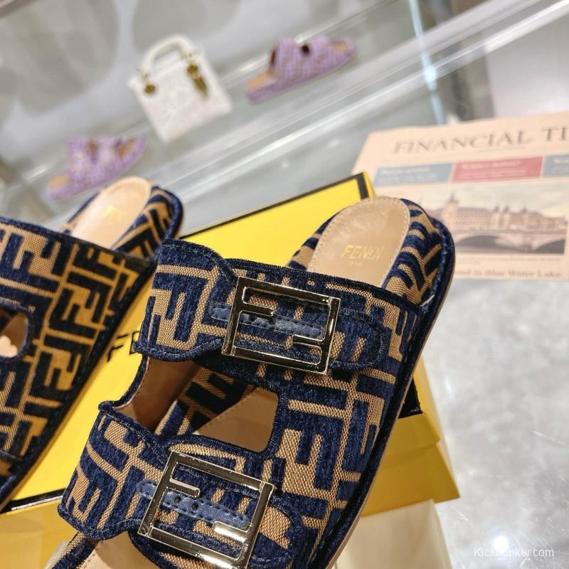 2025 Slippers Fendi Blue Brown Jacquard FF Pattern MJ00230