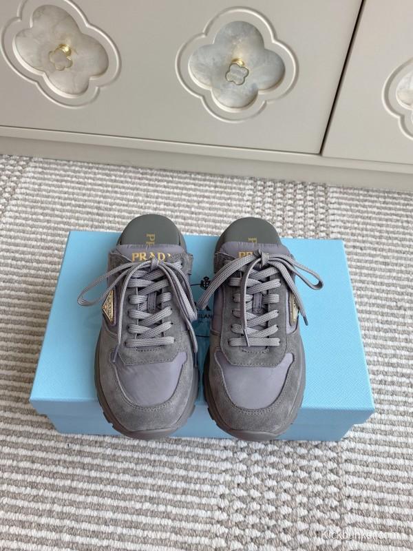 2025 Women Prada Grey Suede Nylon Sneakers LY00290
