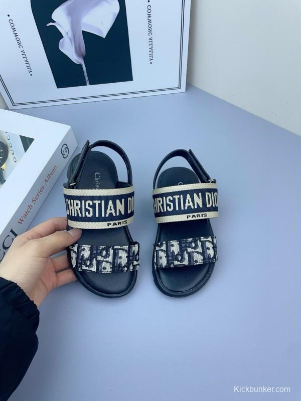 2025 Kids DIOR White Black Canvas Sandals